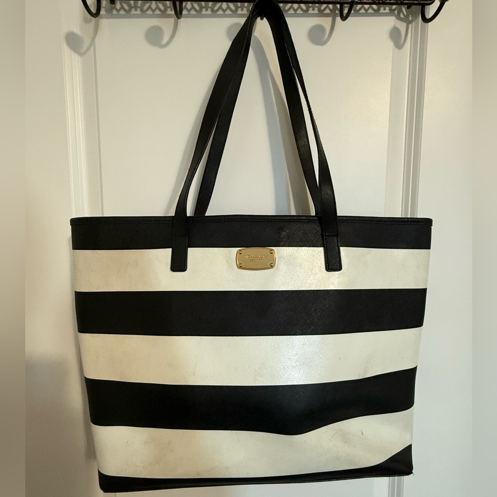 Michael Kors Black and Cream Striped Tote